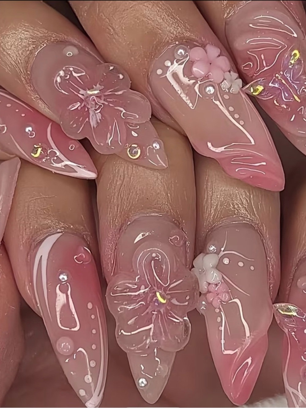 Pink 3D Floral Press On Nails Coffin Almond Fake Nails Luxury Gel